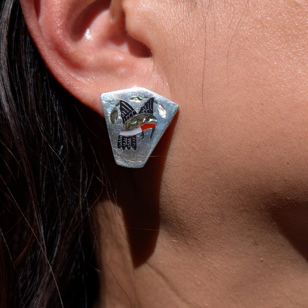 Zuni Hummingbird Multi Stone Inlay Sterling Silver Stud Handmade Earrings**